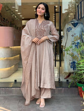 Premium Beige Roman Silk Embroidered Suit Set with Chanderi Silk Dupatta | Designer Ethnic Wear for Women