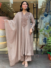 Premium Beige Roman Silk Embroidered Suit Set with Chanderi Silk Dupatta | Designer Ethnic Wear for Women
