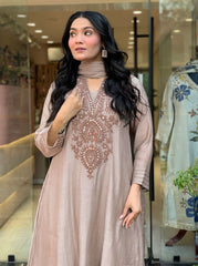 Premium Beige Roman Silk Embroidered Suit Set with Chanderi Silk Dupatta | Designer Ethnic Wear for Women