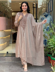 Premium Beige Roman Silk Embroidered Suit Set with Chanderi Silk Dupatta | Designer Ethnic Wear for Women