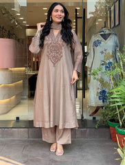 Premium Beige Roman Silk Embroidered Suit Set with Chanderi Silk Dupatta | Designer Ethnic Wear for Women