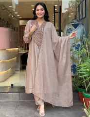 Premium Beige Roman Silk Embroidered Suit Set with Chanderi Silk Dupatta | Designer Ethnic Wear for Women