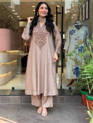 Premium Beige Roman Silk Embroidered Suit Set with Chanderi Silk Dupatta | Designer Ethnic Wear for Women