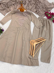 Premium Beige Roman Silk Embroidered Suit Set with Chanderi Silk Dupatta | Designer Ethnic Wear for Women