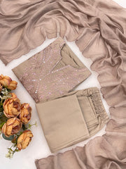 Premium Beige Roman Silk Embroidered Suit Set with Chanderi Silk Dupatta | Designer Ethnic Wear for Women