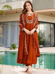 Premium Rust Brown Embroidered Vichhitra Silk Suit Set with Embroidered Vichhitra Silk Dupatta | Designer Ethnic Wear for Women