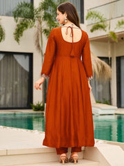 Premium Rust Brown Embroidered Vichhitra Silk Suit Set with Embroidered Vichhitra Silk Dupatta | Designer Ethnic Wear for Women