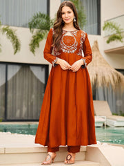 Premium Rust Brown Embroidered Vichhitra Silk Suit Set with Embroidered Vichhitra Silk Dupatta | Designer Ethnic Wear for Women