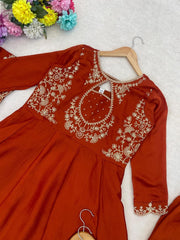 Premium Rust Brown Embroidered Vichhitra Silk Suit Set with Embroidered Vichhitra Silk Dupatta | Designer Ethnic Wear for Women