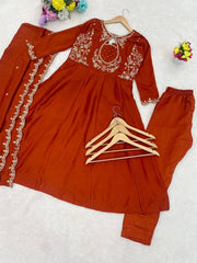 Premium Rust Brown Embroidered Vichhitra Silk Suit Set with Embroidered Vichhitra Silk Dupatta | Designer Ethnic Wear for Women