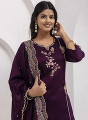 Premium Wine Purple Embroidered Vichhitra Silk Suit Set with Embroidered Vichhitra Silk Dupatta | Designer Ethnic Wear for Women