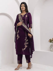 Premium Wine Purple Embroidered Vichhitra Silk Suit Set with Embroidered Vichhitra Silk Dupatta | Designer Ethnic Wear for Women