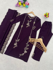 Premium Wine Purple Embroidered Vichhitra Silk Suit Set with Embroidered Vichhitra Silk Dupatta | Designer Ethnic Wear for Women