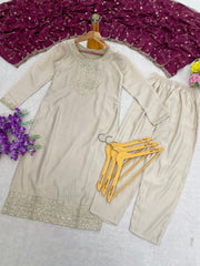 Ivory Roman Silk Embroidered Suit Set with Embroidered Vichhitra Silk Dupatta | Designer Ethnic Wear for Women