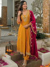 Mustard Yellow Embroidered Vichhitra Silk Suit Set with Embroidered Vichhitra Silk Dupatta | Designer Ethnic Wear for Women