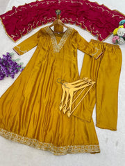 Mustard Yellow Embroidered Vichhitra Silk Suit Set with Embroidered Vichhitra Silk Dupatta | Designer Ethnic Wear for Women