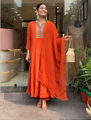 Orange Vichhitra Silk Embroidered Anarkali Suit Set with Embroidered Vichhitra Silk Dupatta | Designer Ethnic Wear for Women