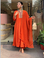Orange Vichhitra Silk Embroidered Anarkali Suit Set with Embroidered Vichhitra Silk Dupatta | Designer Ethnic Wear for Women