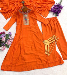 Orange Vichhitra Silk Embroidered Anarkali Suit Set with Embroidered Vichhitra Silk Dupatta | Designer Ethnic Wear for Women