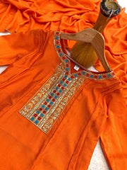 Orange Vichhitra Silk Embroidered Anarkali Suit Set with Embroidered Vichhitra Silk Dupatta | Designer Ethnic Wear for Women