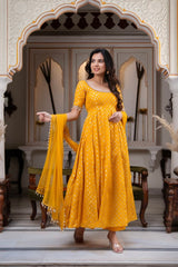 Mustard Yellow Dola Silk Jacquard Butti Embroidered Anarkali Suit Set with Organza Silk Dupatta | Designer Ethnic Wear for Women