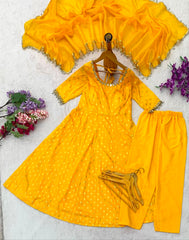 Mustard Yellow Dola Silk Jacquard Butti Embroidered Anarkali Suit Set with Organza Silk Dupatta | Designer Ethnic Wear for Women