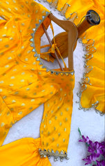 Mustard Yellow Dola Silk Jacquard Butti Embroidered Anarkali Suit Set with Organza Silk Dupatta | Designer Ethnic Wear for Women