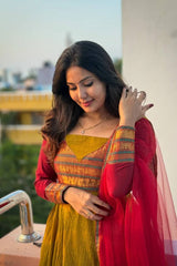 Vichitra Silk Anarkali Suit Set with Jacquard Zari Border & Soft Net Dupatta