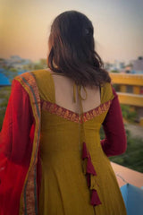 Vichitra Silk Anarkali Suit Set with Jacquard Zari Border & Soft Net Dupatta