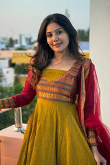 Vichitra Silk Anarkali Suit Set with Jacquard Zari Border & Soft Net Dupatta