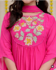 Premium Chanderi Silk Embroidered Suit Set with Organza Dupatta