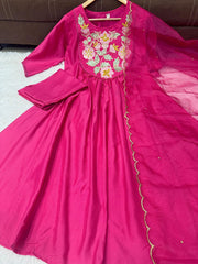 Premium Chanderi Silk Embroidered Suit Set with Organza Dupatta
