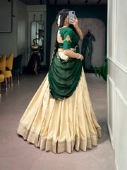 Premium Poly Kotha Tasar Lehenga Choli with Zari Border, Zardozi Work Blouse & Satin Chiffon Dupatta