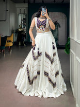 Rooprangi Women's Pure Rayon Gamthi Mirror Lace Lehenga Set with Heritage Print Blouse | White & Purple
