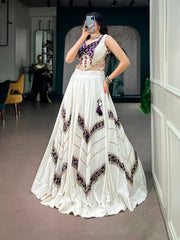Rooprangi Women's Pure Rayon Gamthi Mirror Lace Lehenga Set with Heritage Print Blouse | White & Purple
