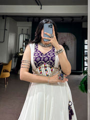 Rooprangi Women's Pure Rayon Gamthi Mirror Lace Lehenga Set with Heritage Print Blouse | White & Purple