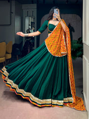 Rooprangi Women's Soft Chinon Designer Lehenga Set with Georgette Bandhani Dupatta | Emerald Green & Mustard Yellow