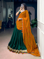 Rooprangi Women's Soft Chinon Designer Lehenga Set with Georgette Bandhani Dupatta | Emerald Green & Mustard Yellow