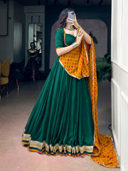 Rooprangi Women's Soft Chinon Designer Lehenga Set with Georgette Bandhani Dupatta | Emerald Green & Mustard Yellow