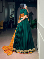 Rooprangi Women's Soft Chinon Designer Lehenga Set with Georgette Bandhani Dupatta | Emerald Green & Mustard Yellow