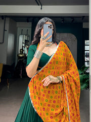 Rooprangi Women's Soft Chinon Designer Lehenga Set with Georgette Bandhani Dupatta | Emerald Green & Mustard Yellow