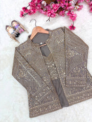 Rooprangi Women's Premium Chinon Silk Ready-to-Wear Lehenga Saree Set with Embroidered Jacket | Taupe Grey