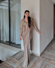 Rooprangi Women's Premium Chinon Silk Ready-to-Wear Lehenga Saree Set with Embroidered Jacket | Taupe Grey