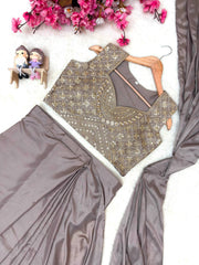 Rooprangi Women's Premium Chinon Silk Ready-to-Wear Lehenga Saree Set with Embroidered Jacket | Taupe Grey