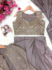 Rooprangi Women's Premium Chinon Silk Ready-to-Wear Lehenga Saree Set with Embroidered Jacket | Taupe Grey