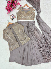 Rooprangi Women's Premium Chinon Silk Ready-to-Wear Lehenga Saree Set with Embroidered Jacket | Taupe Grey