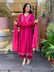 Rooprangi Women's Premium Chanderi Silk Embroidered Kurta Pant Set with Chanderi Dupatta | Rani Pink