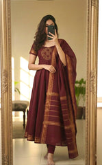 Rooprangi Women's Premium Pattu Cotton Anarkali Kurta Set with Jacquard Zari Border & Dupatta | Black & Wine