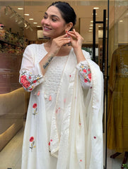 Rooprangi Women's Premium Chanderi Silk Embroidered Kurta Pant Set with Chanderi Dupatta | Classic White
