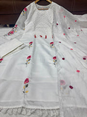 Rooprangi Women's Premium Chanderi Silk Embroidered Kurta Pant Set with Chanderi Dupatta | Classic White